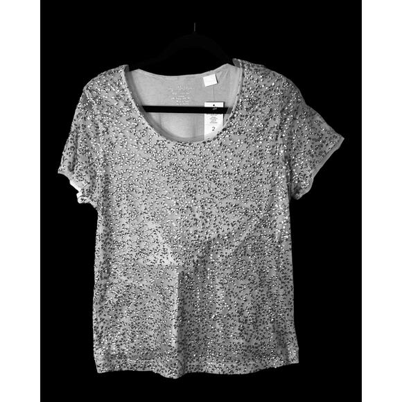 Chicos Shirt Womens Size M Sequins Short Sleeve Sheer Lined Silver Gray NWT - Picture 7 of 11